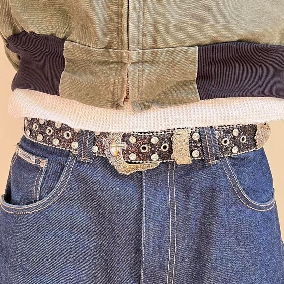 black rhinestone studded american western cowboy boho belt - Picture 3 of 7